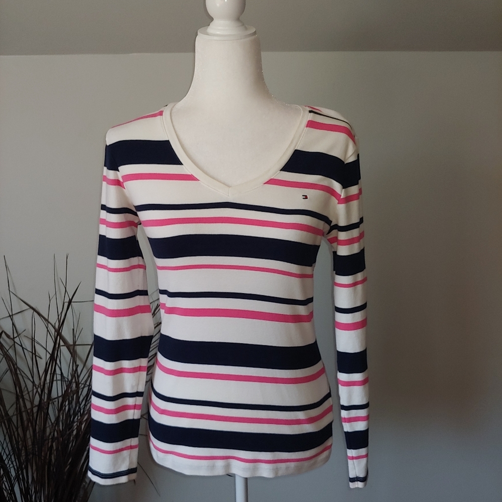 Tommy Hilfiger Women’s Long Sleeve Tee horizontal stripe white pink black size M